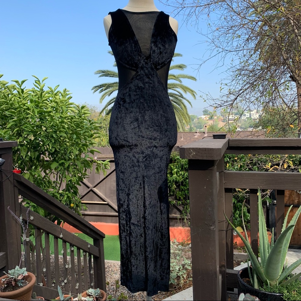 VINTAGE Black Crushed Velvet Sheer Paneled Side Slit Midi Dress size Small